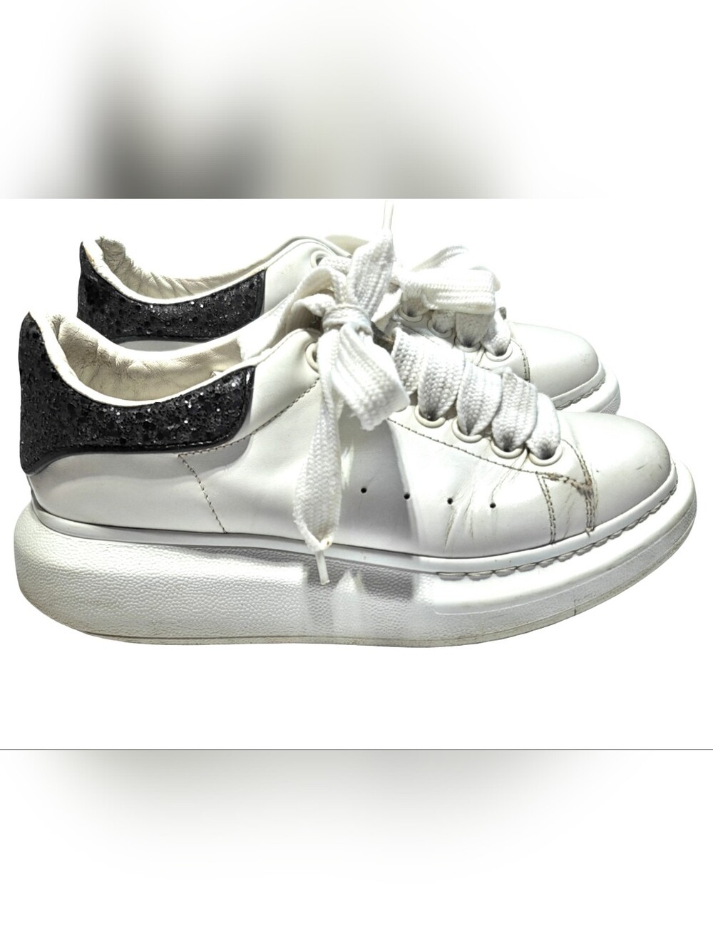 Alexander McQueen White Leather Platform Sneakers with Black Glitter Heel Tab